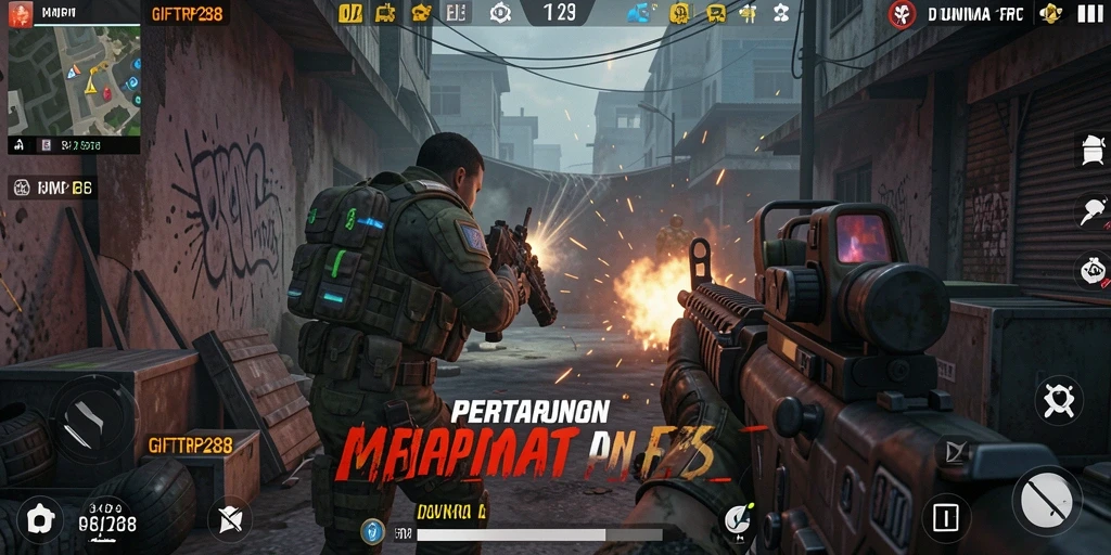 Menampilkan aksi seru dari permainan FPS GIFTRP288.