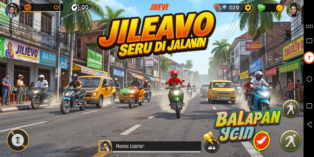 Tampilan gameplay JILIEVO menampilkan mobil balap di trek yang menantang.