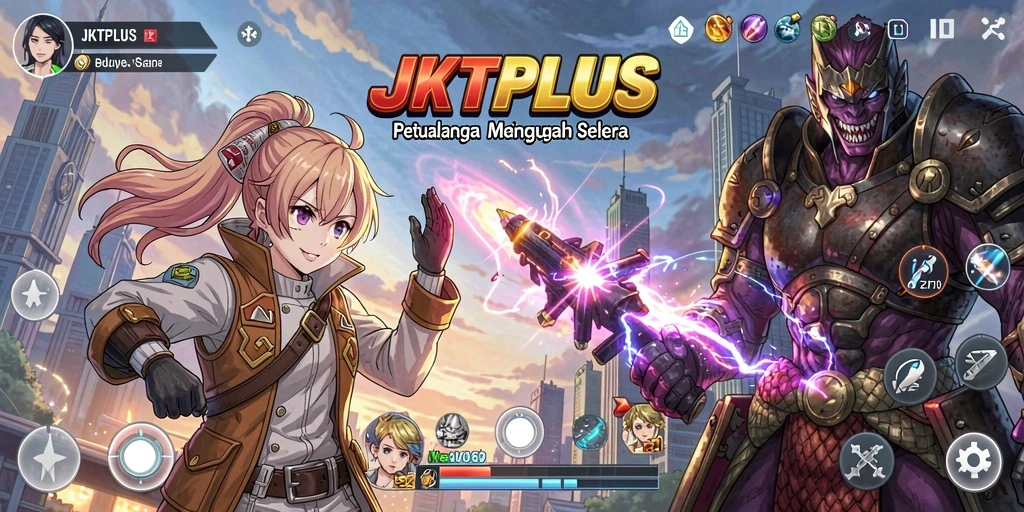 Screenshot JKTPLUS menampilkan karakter Anime dalam aksi penuh warna.