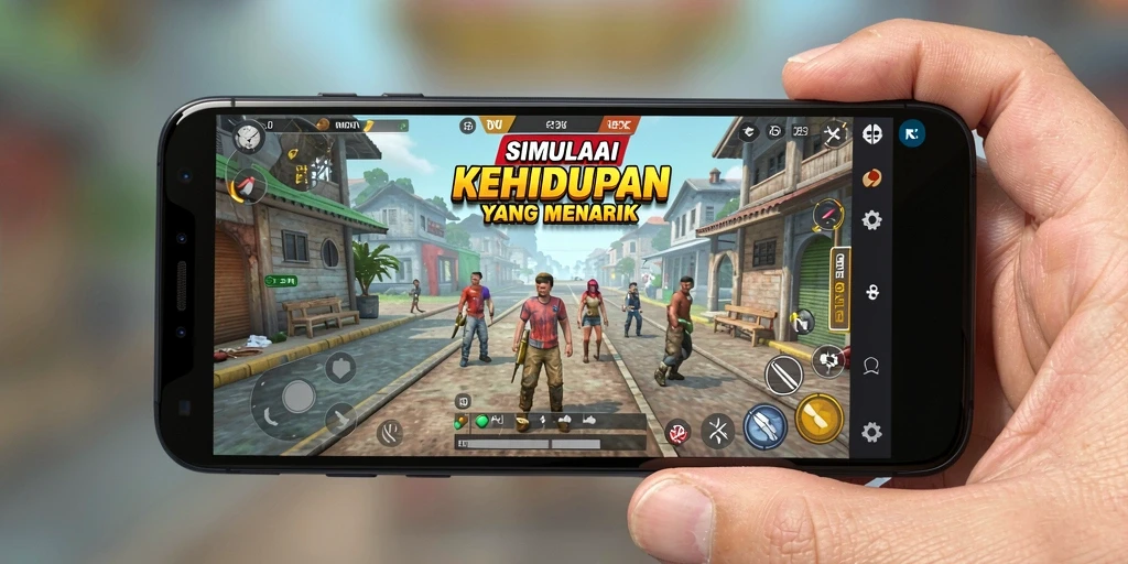 Screenshot gameplay MNDUIT menampilkan interaksi karakter dalam simulasi kehidupan.