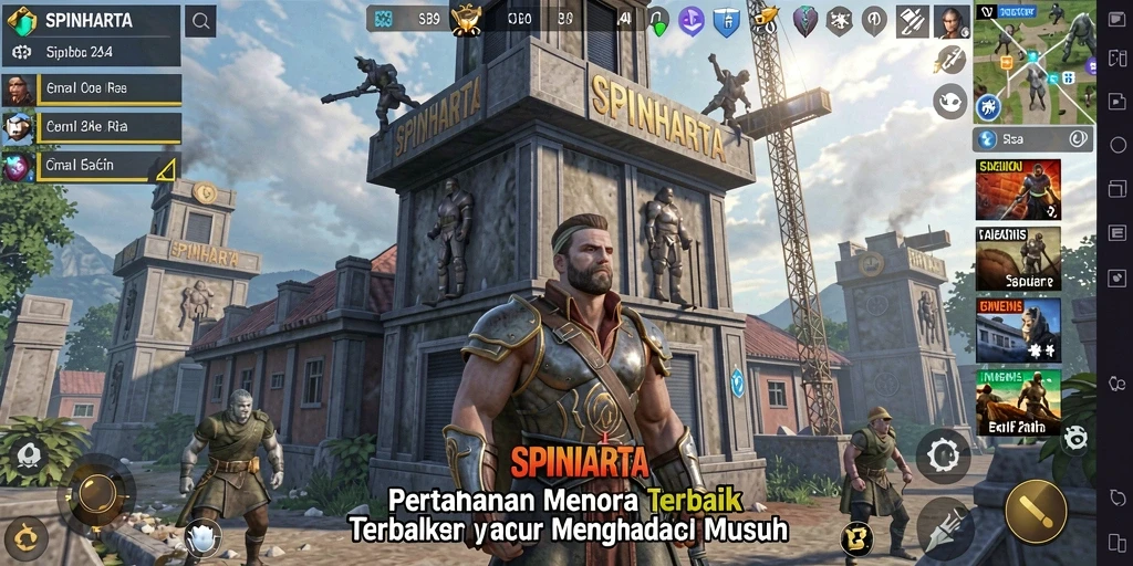 Gameplay SPINHARTA menampilkan penempatan menara yang strategis.