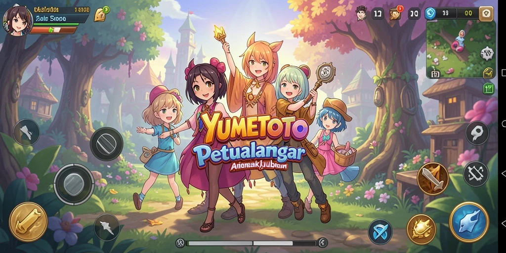 Tangkapan layar gameplay YUMETOTO yang ceria dan penuh warna.
